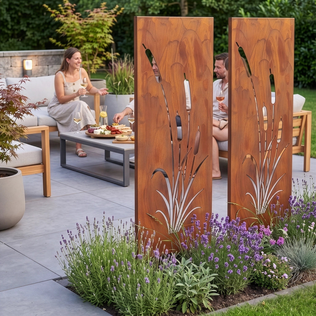 Set di 2 Pannelli Divisori Irsina Frangivista con Motivo Canne 160x50 cm Acciaio Corten - Marrone Ossidato casa.pro