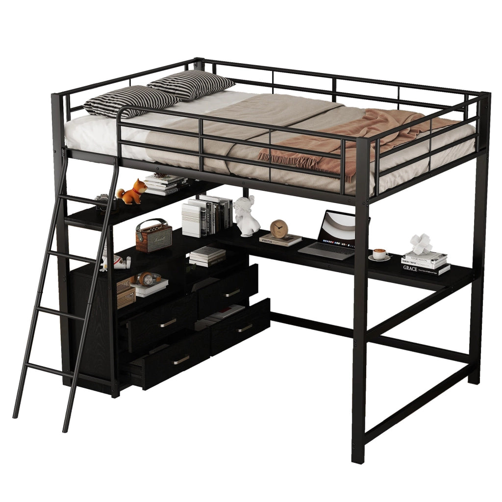 Letto a castello nero in metallo e MDF con scrivania a L e cassetti 140x200 cm