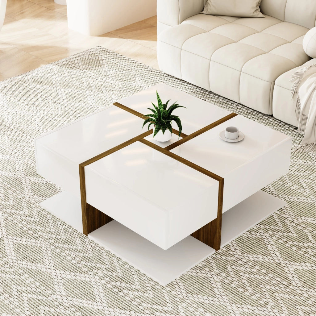Tavolino da Caffè Quadrato con 4 Cassetti e Ripiano; Motivo a Linee; Finitura Lucida; in Pannello Truciolare; Bianco; 78×78×34;8 cm