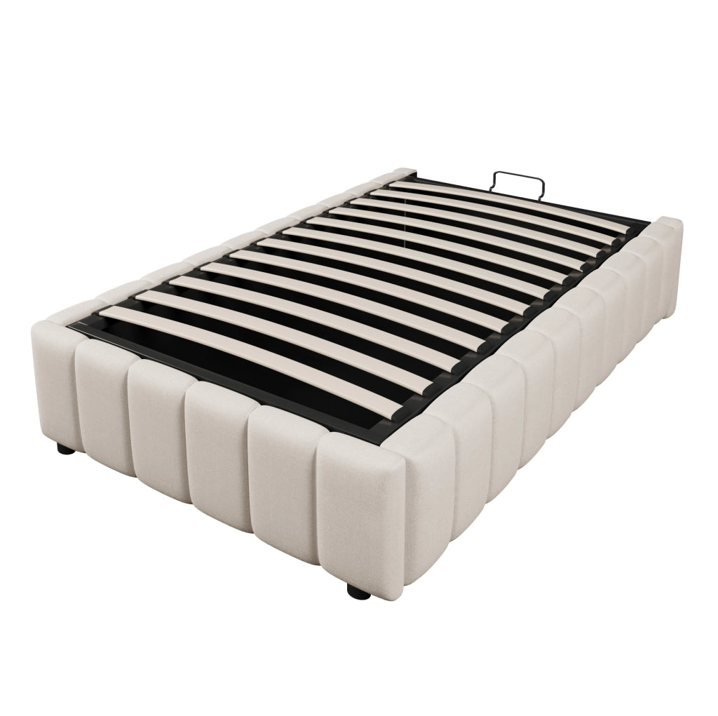 Letto imbottito 90x200 cm con contenitore idraulico; senza testiera; in lino beige