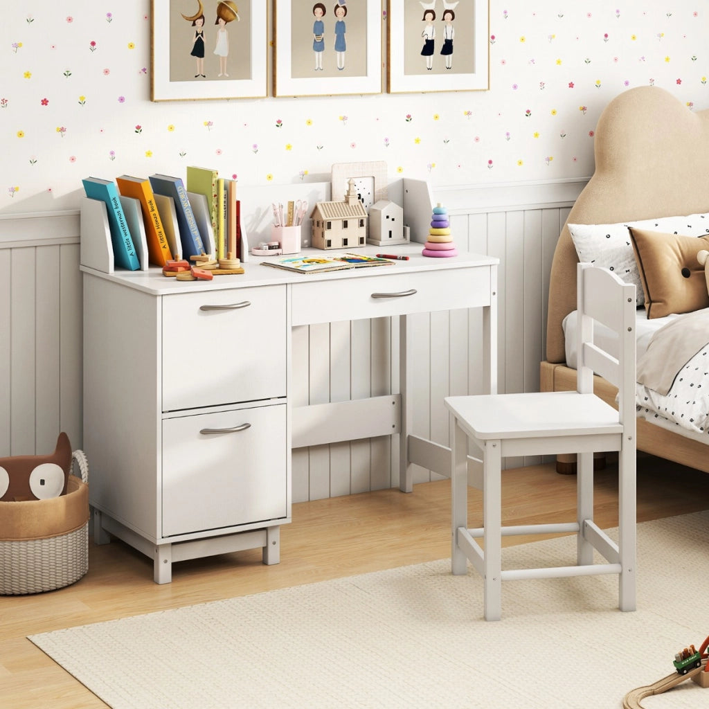 Postazione di lavoro per studenti in legno con divisori per libri, Scrivania per bambini con sedia per bambini 3+ anni Bianco-Tavoli e sedie