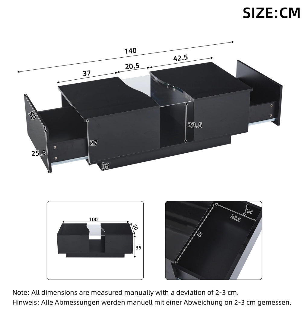 Tavolino da salotto moderno con LED; 2 cassetti; 100 x 50 x 35 cm; nero lucido in MDF e acrilico