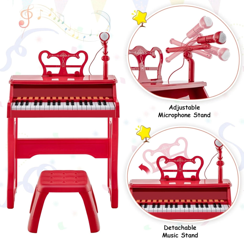 Pianola Bambini Musicale Tastiera, Tastiera Digitale a 37 Tasti, Mini Tastiera per Bambini con Effetti Luminosi e Microfono, Strumenti Musicali con Sgabello, 22 Battiti/8 Toni/8 Ritmi, Rosso