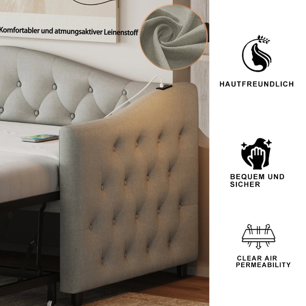 Divano letto estraibile imbottito 90x200 cm con USB; rete a doghe; lino grigio