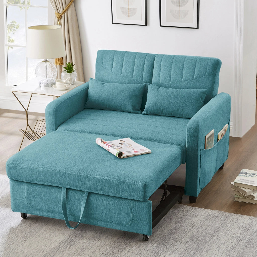 OKWISH Divano Letto 2 Posti, Design Estraibile con Schienale Regolabile a 3 Posizioni e 2 Cuscini, Tessuto Cotone Lino, Blu Verde Anticato