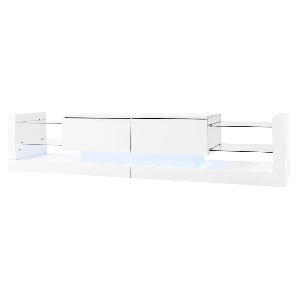 Mobile TV ad alta finitura lucida con illuminazione LED, 181 cm, per TV fino a 80 pollici, frontale in vetro, due cassetti ribaltabili