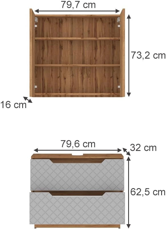 Set di mobili da bagno Lotta, Rovere/grigio con struttura in piastrelle, 2 parti