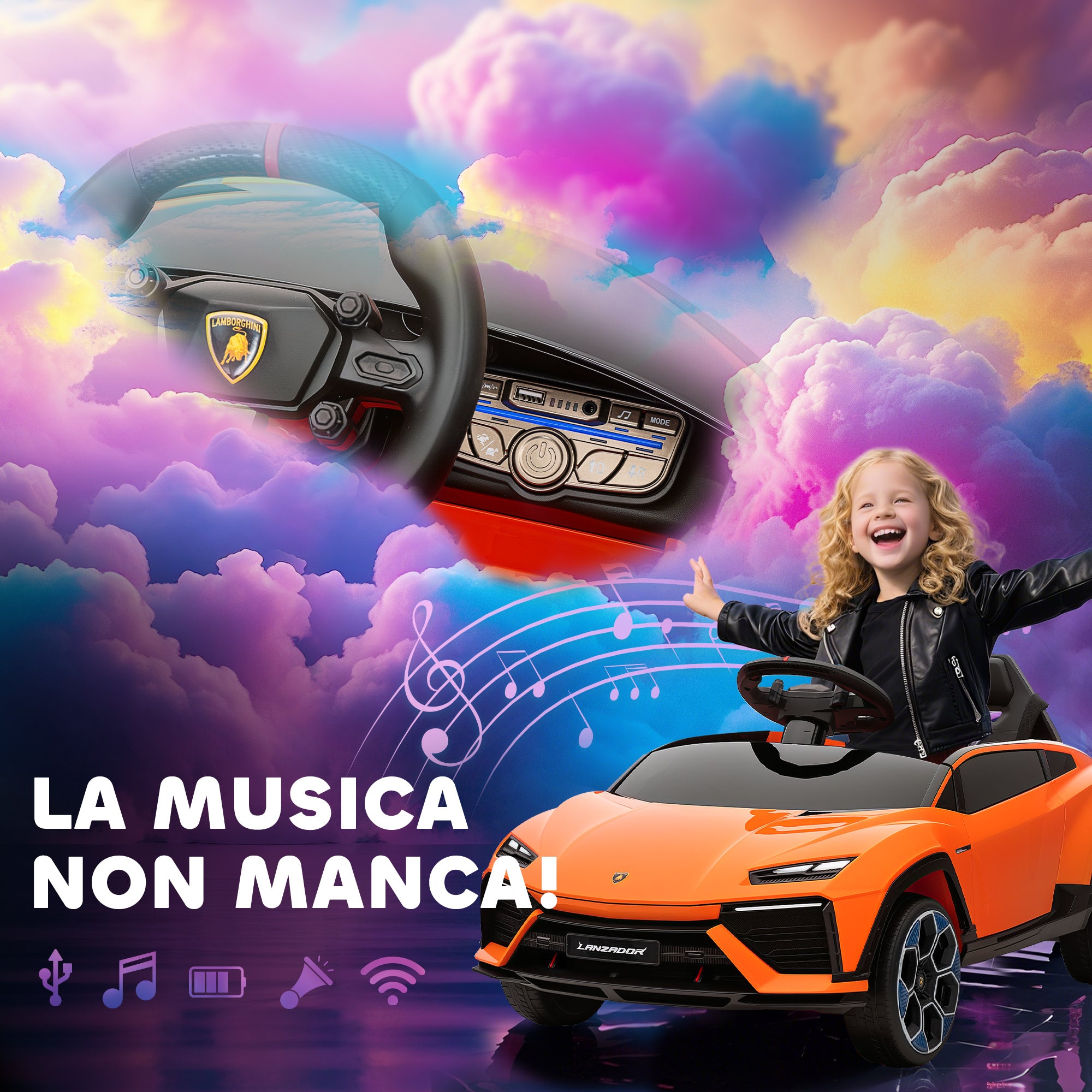 Macchina Elettrica per Bambini 101.5x49x43 cm Licenza Lamborghini 12V con Luci LED Clacson e Telecomando Arancione