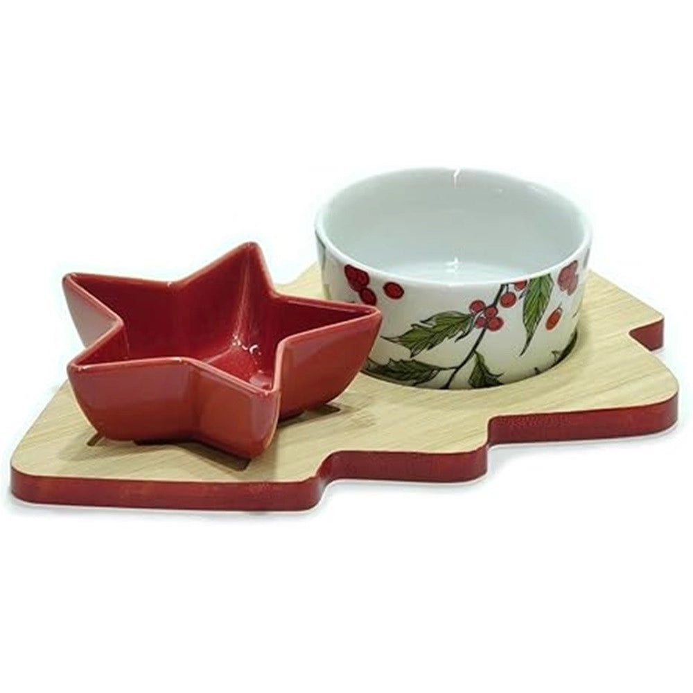 Trade Shop - Antipastiera 2 Posti Con Ciotole In Ceramica Base In Bambù Albero Di Natale Idea Regalo -