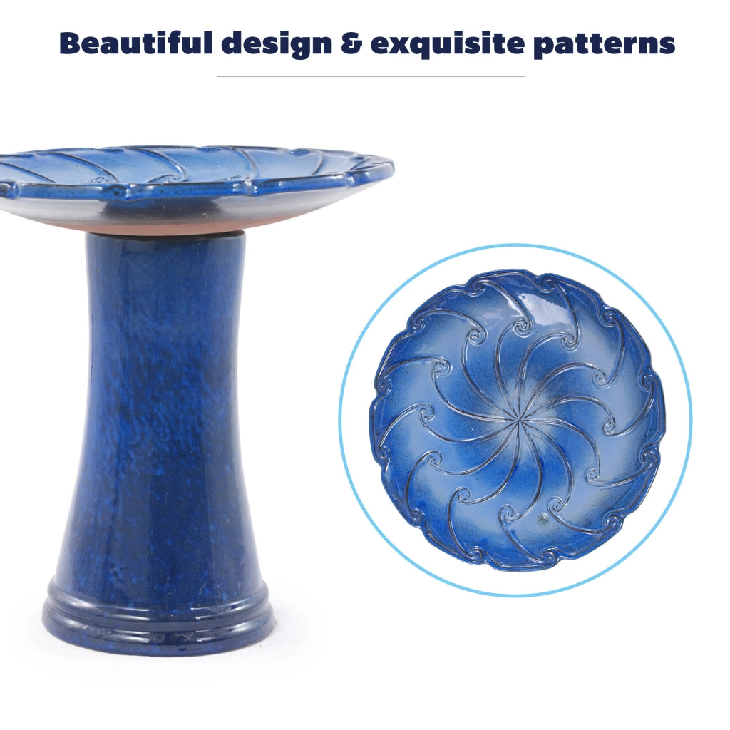 Fontana da giardino in ceramica smaltata blu fatta a mano con vasca Ø 43 cm e base alta 45 cm per esterni