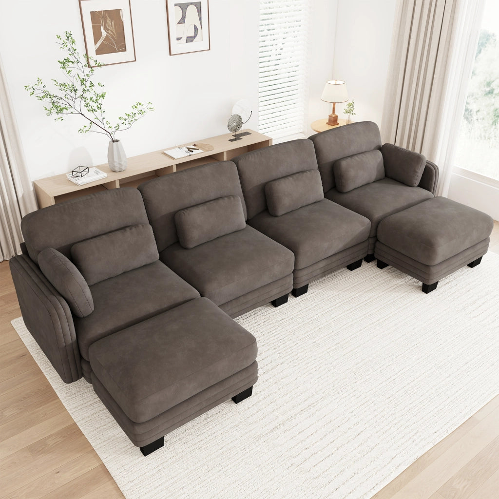 Divano modulare a U 4 posti in ciniglia marrone; 330x143x88 cm