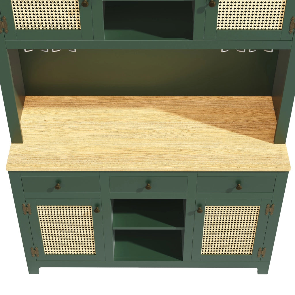 Mobile alto multifunzione in MDF con ante in PE rattan, sistema luci USB opzionale, 120x40x180 cm, Verde Antico