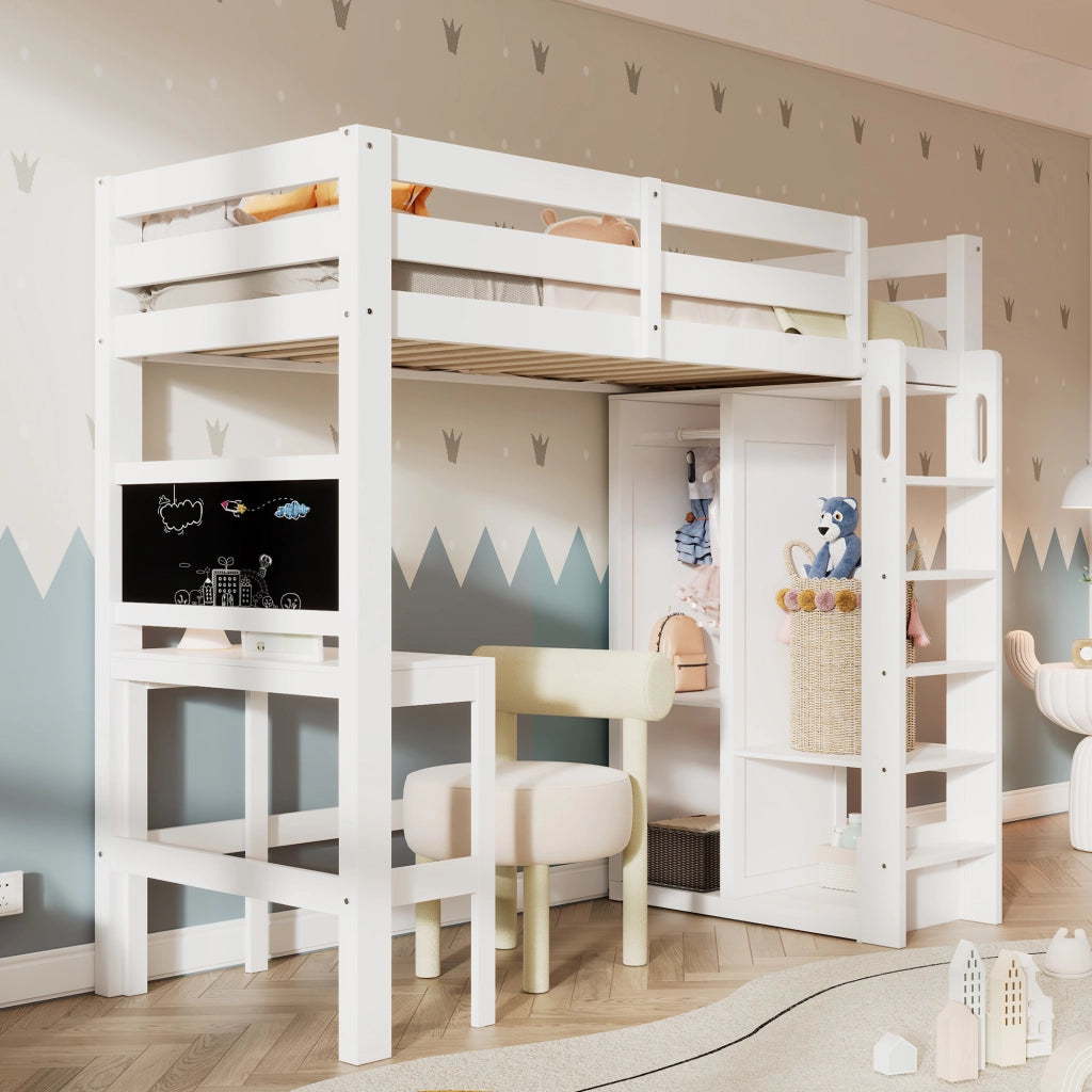 Letto a Soppalco Singolo con Scrivania; Armadio Aperto e Scaffali 90 × 200 cm; senza Materasso; Bianco