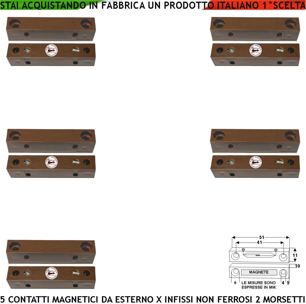 Sensore Magnetico da Esterno 5 Pezzi Antifurto Contatto Reed Sottovuoto Uscita NC Sensibilità Magnetica 13 mm Tensione Transito Max 30 V 0,5 A Carico Resistivo 2 Morsetti Cover ABS Marrone Prot. IP40