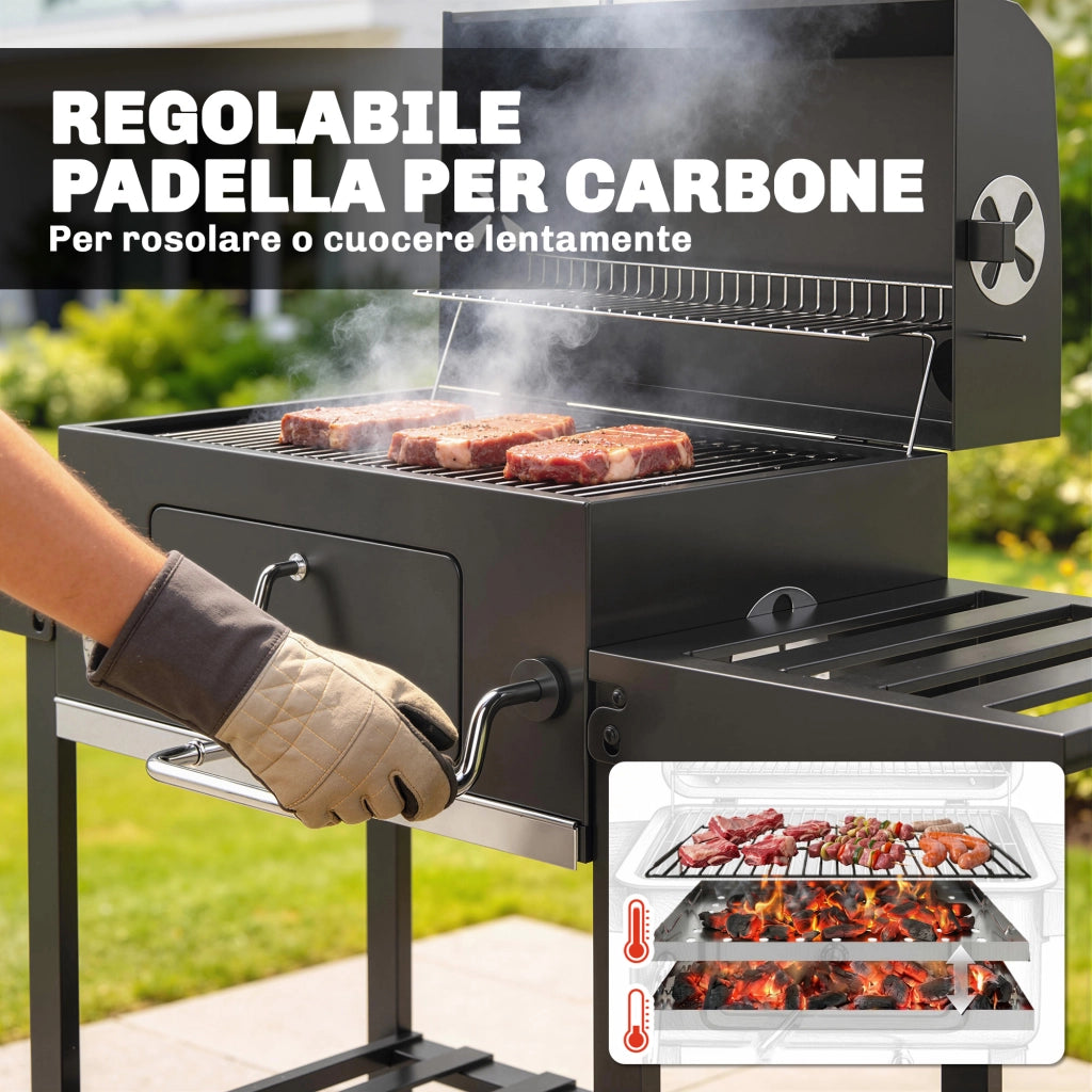 Barbecue a Carbone 133,5x65x110 cm a Rotelle con Griglia Regolabile e Ripiani Pieghevoli in Acciaio e PP Nero