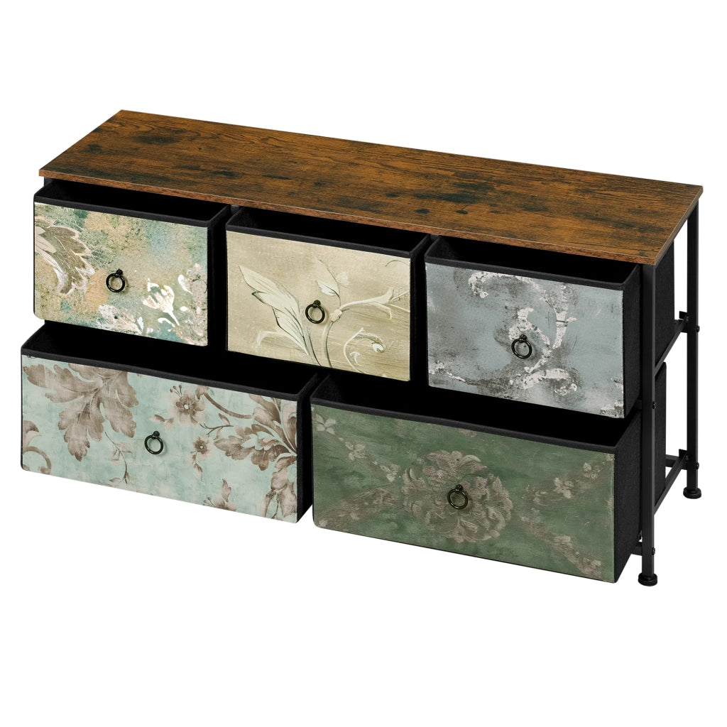 Mobile da ingresso con 5 cassetti in tessuto, stile industriale, MDF e metallo, multicolore, 100 × 30 × 54 cm