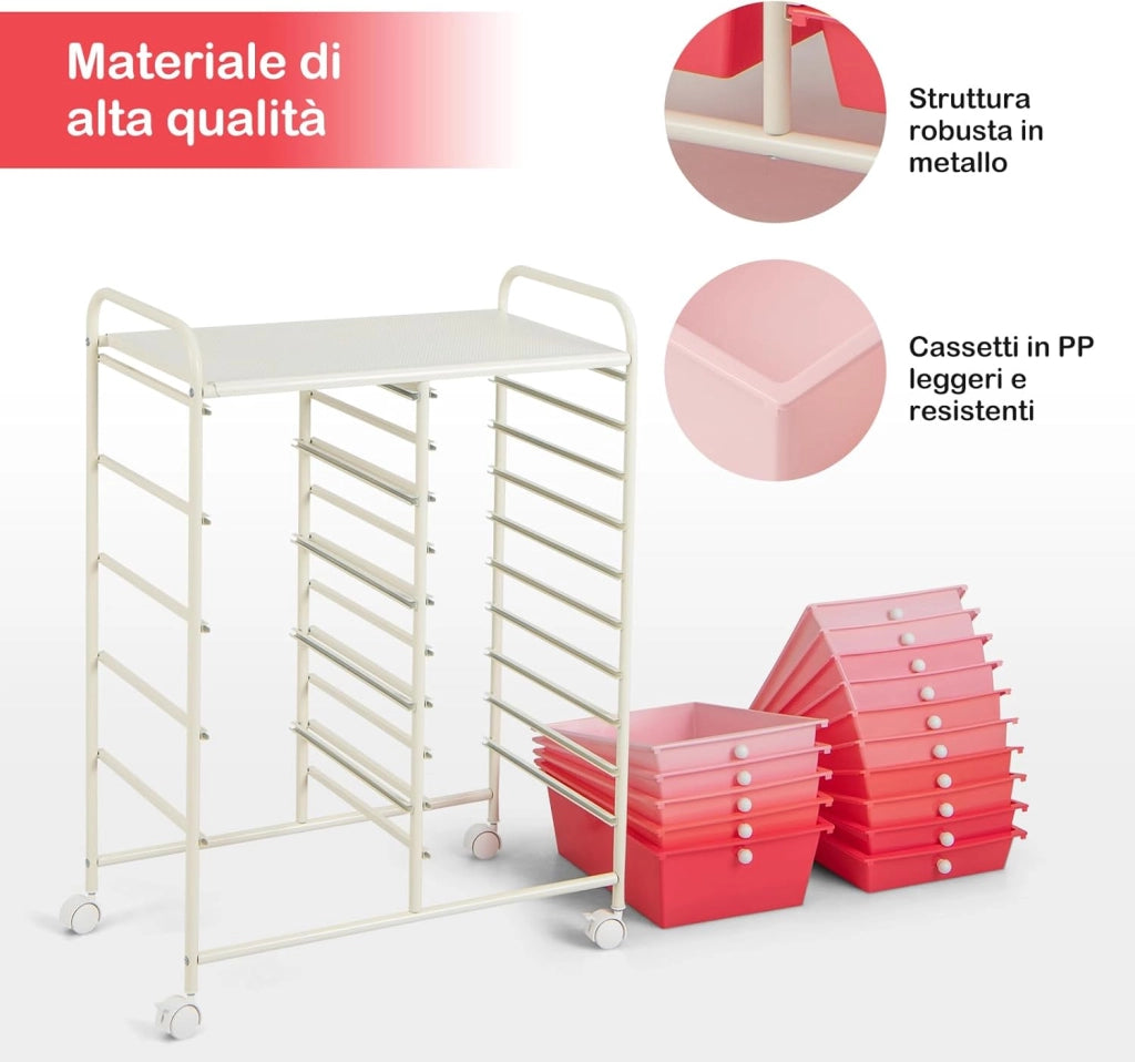 Carrello con 15 Cassetti Impilabili, Carrello di Stoccaggio con Ruote, Carello Portaoggetti per Casa e Ufficio, 62,5 x 37 x 87 cm (Rosa)