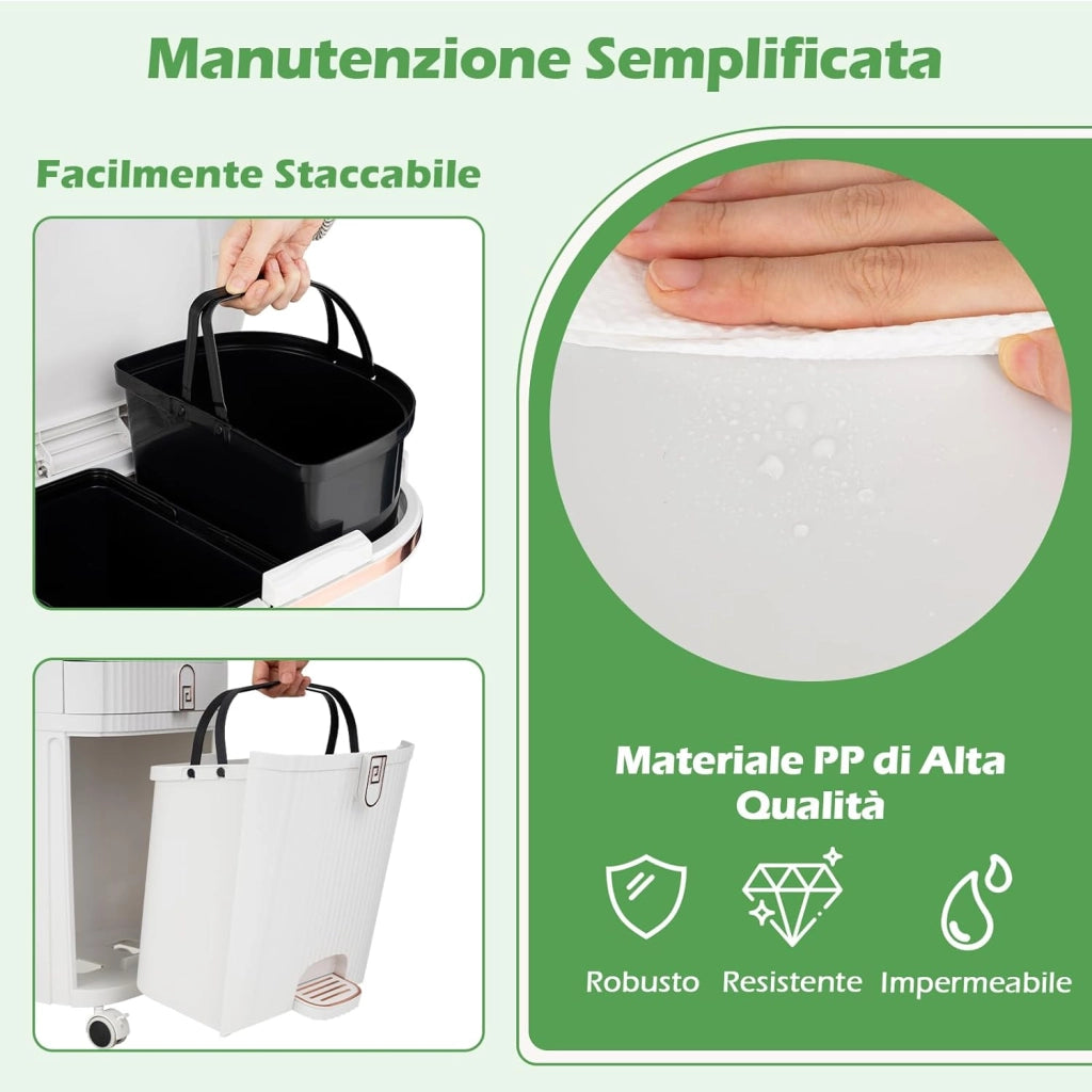 42 L（12+12+14+4 L） Pattumiera Differenziata, Secchio Spazzatura a 3 Scomparti con Cassetto e Coperchi, 2 Secchi Rimovibili Pedale e Ruote, Bidoni Differenziata per Bagno Cucina Ufficio