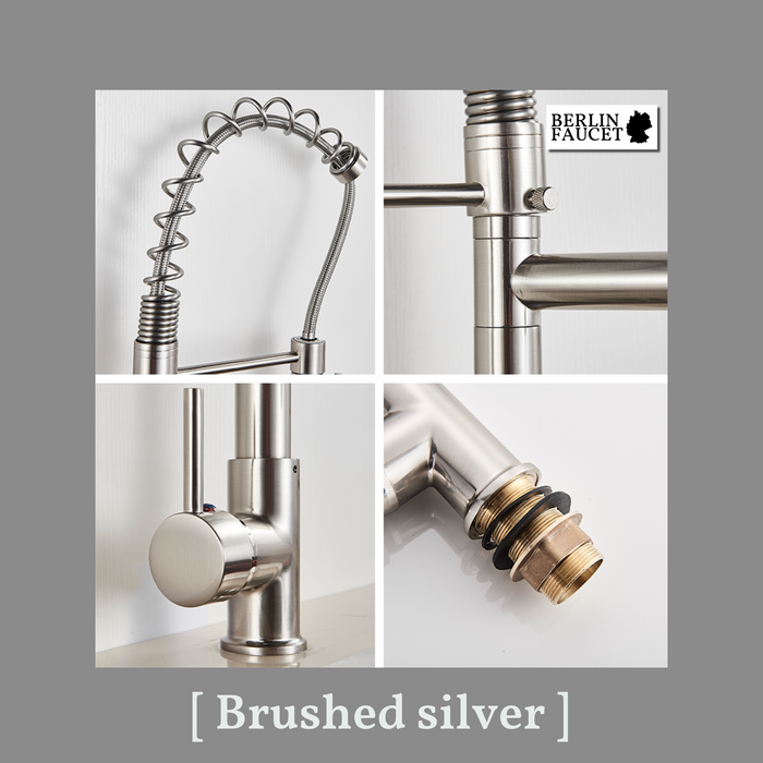 Bjorn | Rubinetto da parete gastronomia oro lucido Rubinetto cucina professionale in acciaio inox con due doccette|doppio lavello da parete ristorante