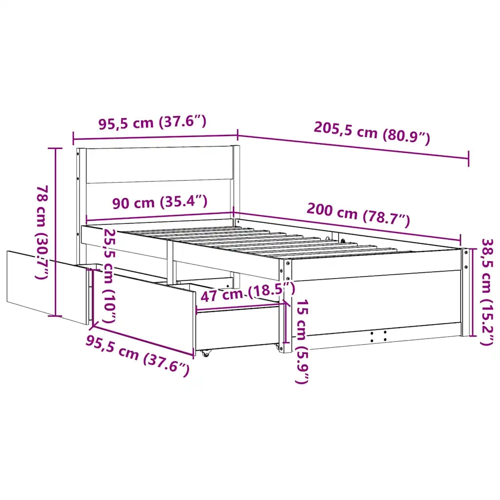 Letto singolo | Letto per adulti | Letto senza Materasso 90x200 cm in Legno Massello di Pino