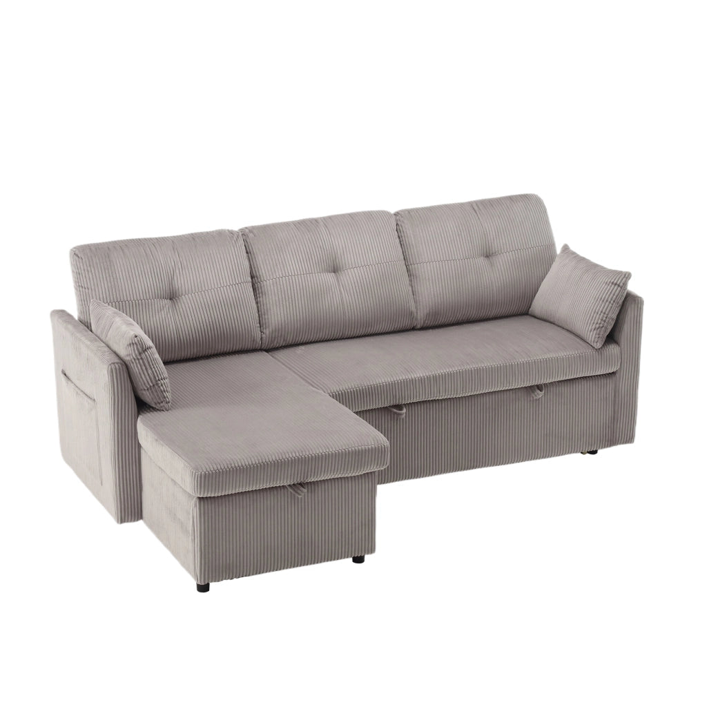 Divano letto angolare con contenitore e letto estraibile; chaise intercambiabile; grigio chiaro in velluto a coste