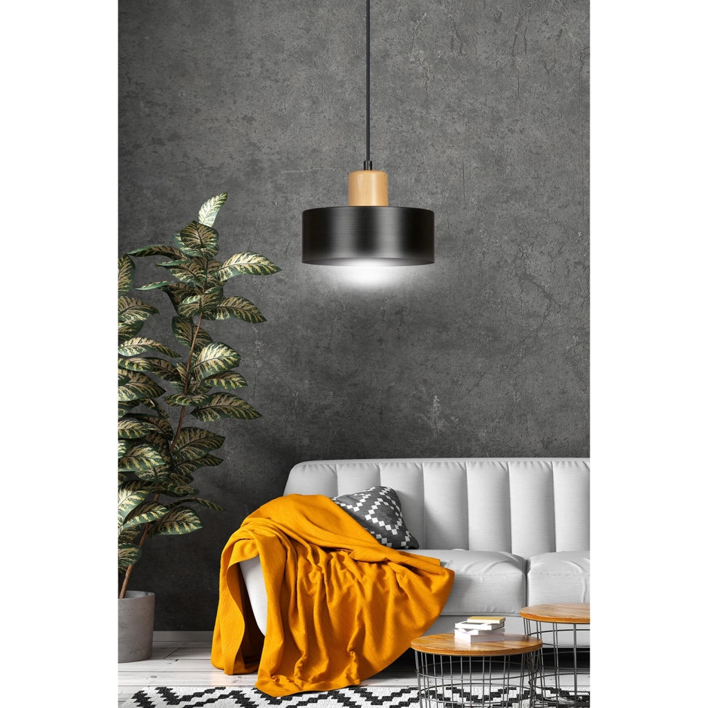 Sospensione Nordica 1 Luce Surya In Acciaio Nero E Legno