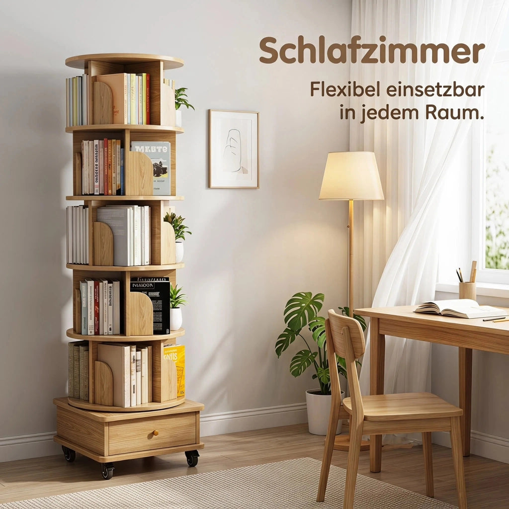 LIBRERIA Girevole 360° con cassetto e ruote 58x56x29 cm Colore legno MDF
