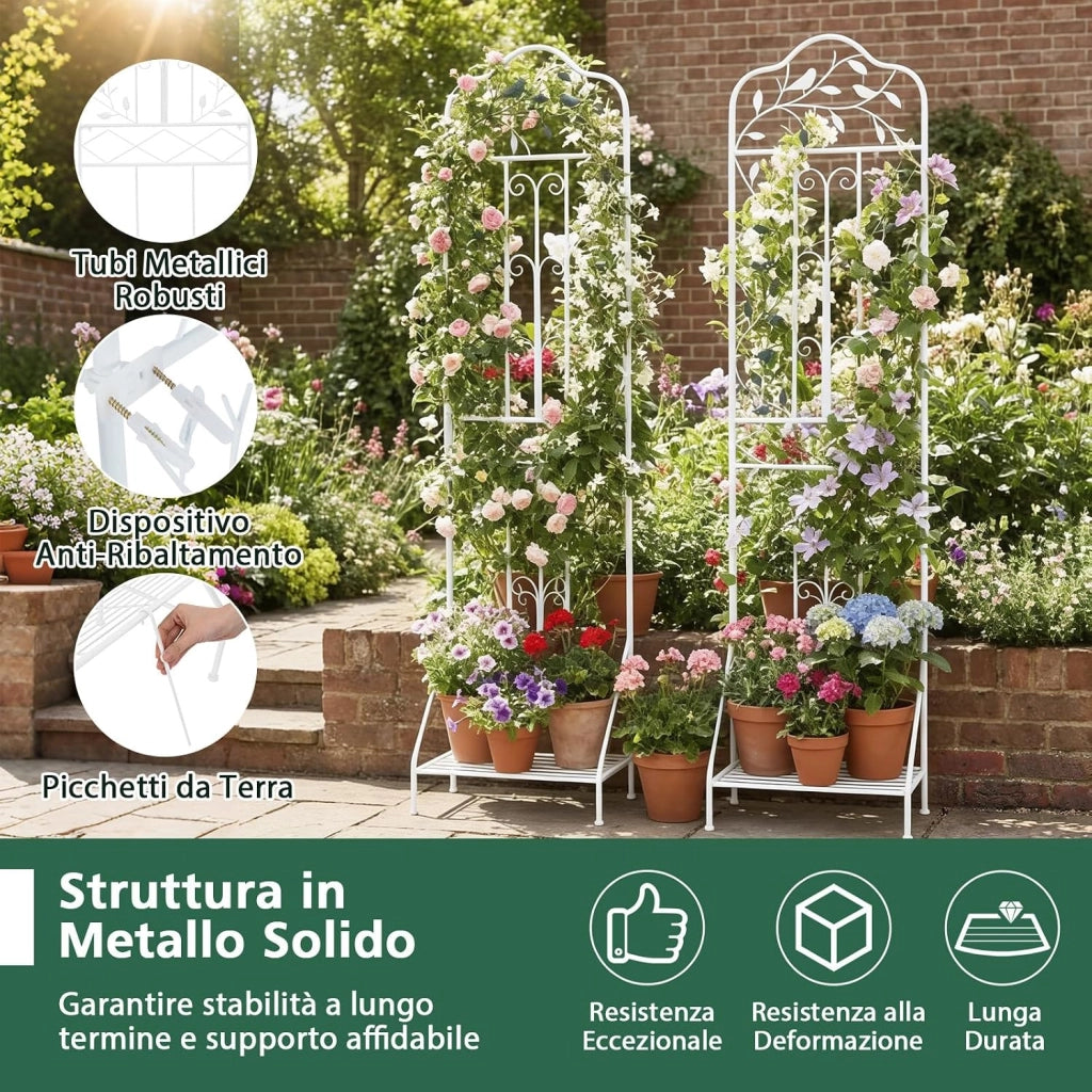 Traliccio per Rampicanti Metallo con Ripiano Pieghevole, Graticcio per Piante da Esterno, Griglia per Piante Rampicanti per Giardino, Cortile e Patio, 50 x 30 x 189,5 cm (Bianco,1)