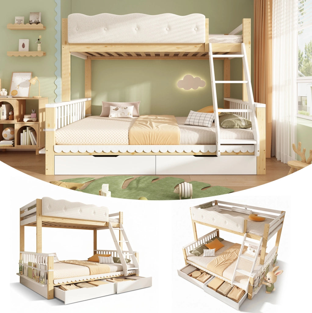 Letto a castello bianco e color rovere 90x200/140x200 cm con 2 cassetti e portariviste