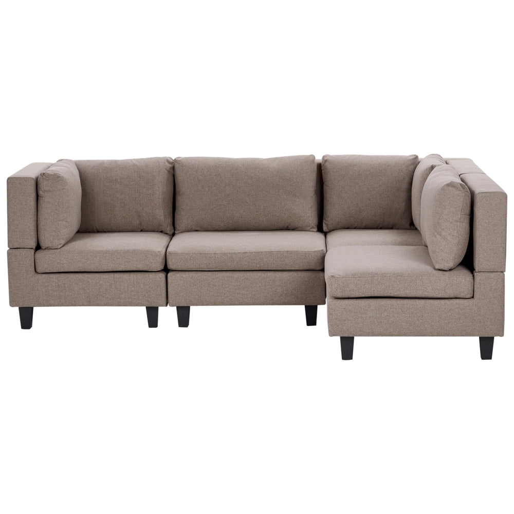 Divano componibile 4 posti imbottito in tessuto marrone gambe nere schienale  imbottito lato sinistro stile moderno