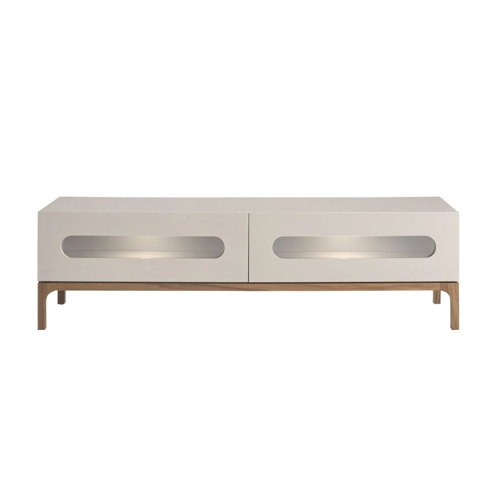 Porta TV in legno grigio e noce con illuminazione interna