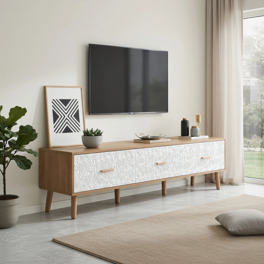 Cassettiera TV bianca e legno chiaro in truciolare lunghezza 150 cm