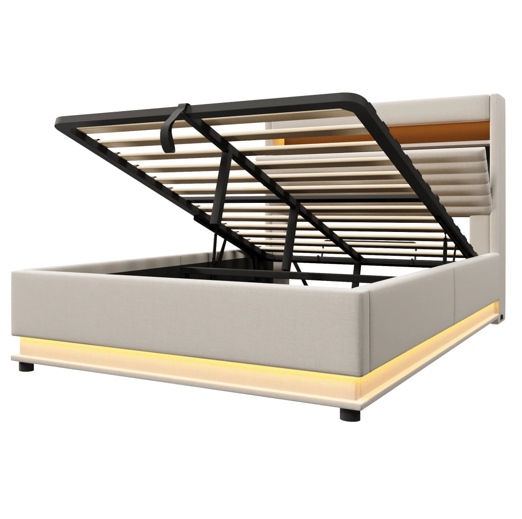 Letto imbottito ULEVR 140x200 cm con contenitore idraulico, LED, USB e Type-C, beige in lino