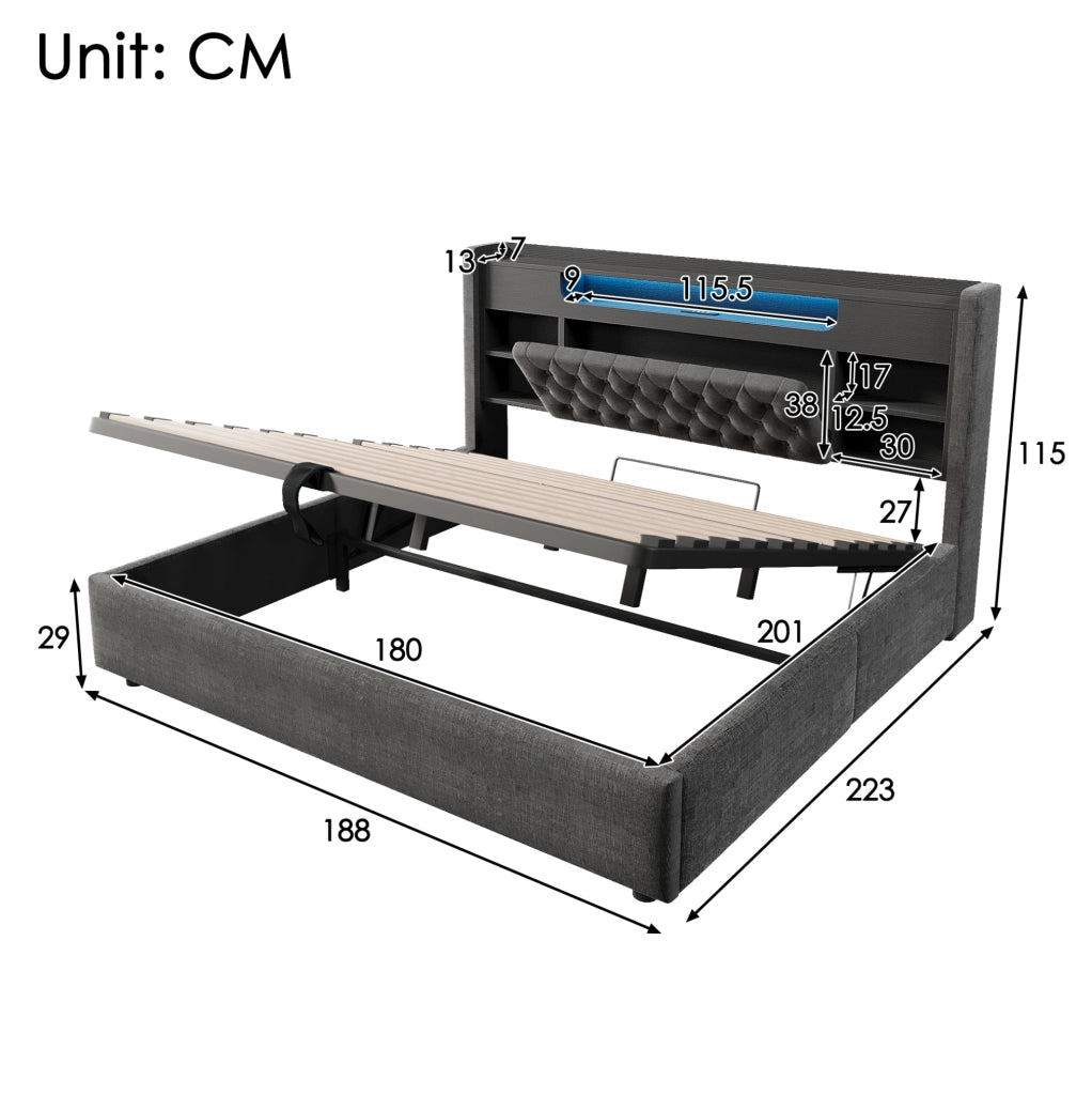 Letto matrimoniale 180x200 cm con contenitore idraulico; LED; USB e USB-C; in lino grigio