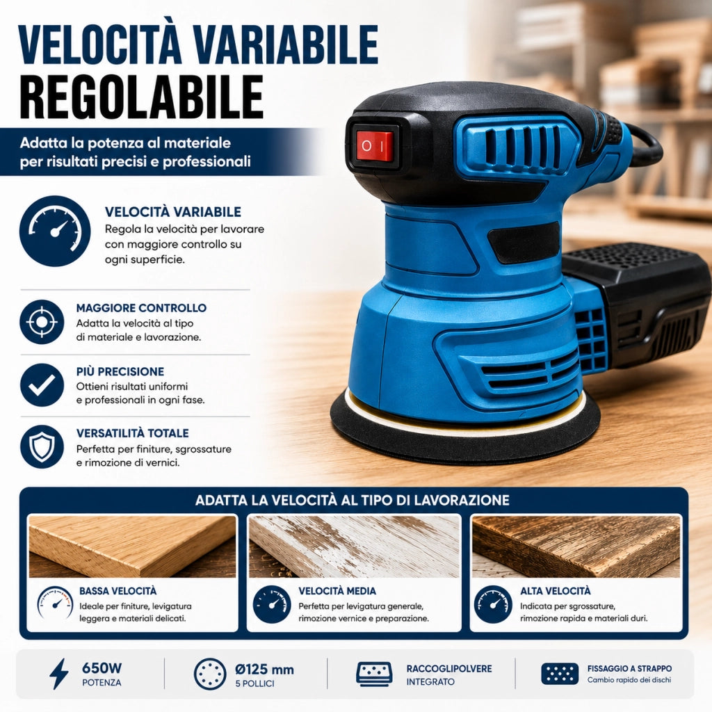 Levigatrice Roto Orbitale 650W 125 mm Velocità Variabile VP10502