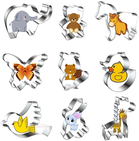 Set di stampi per biscotti in forma di animali (9 pezzi), set di stampi per biscotti in acciaio inossidabile per la cottura di biscotti di fondant e decorazioni di torta