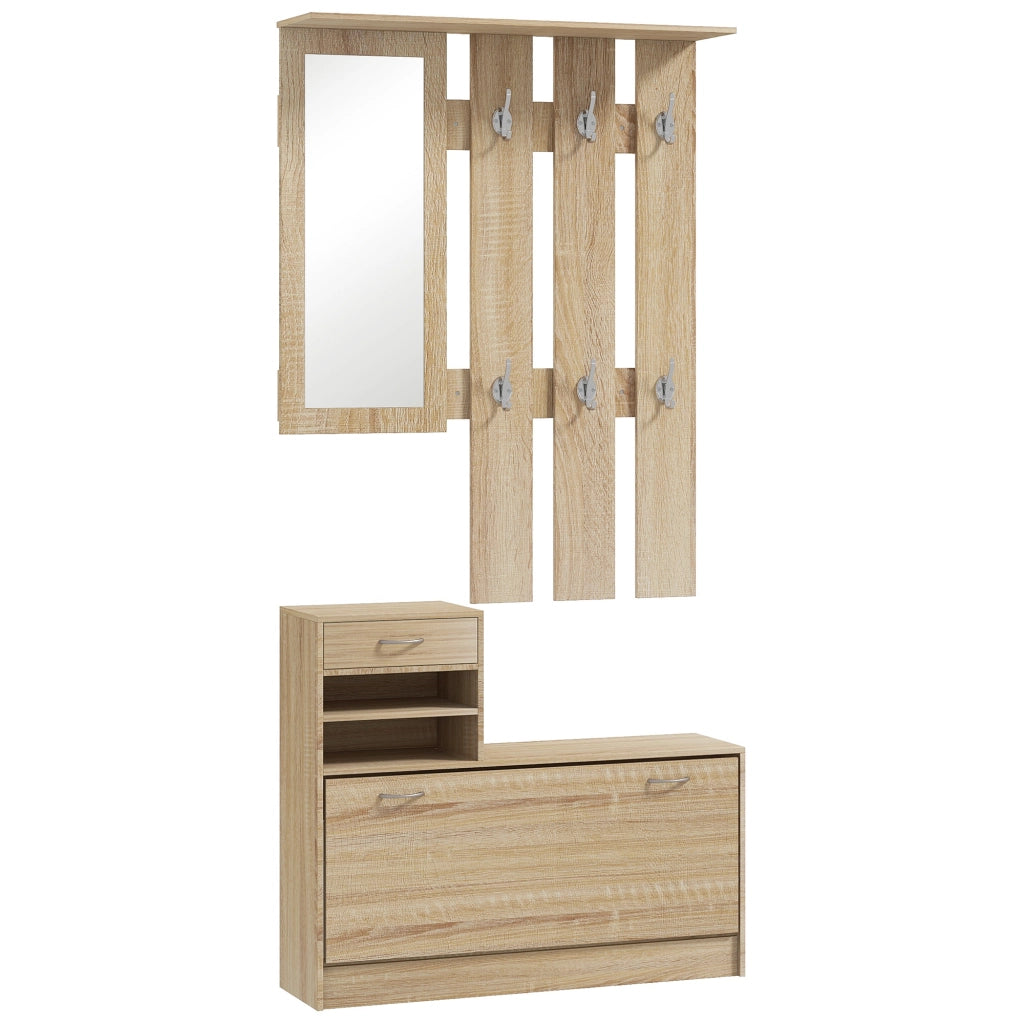 Mobile Appendiabiti 3 in 1 con Scarpiera e Specchio, Ganci e Cassetti, in Legno, 90x10x91 cm, color Quercia