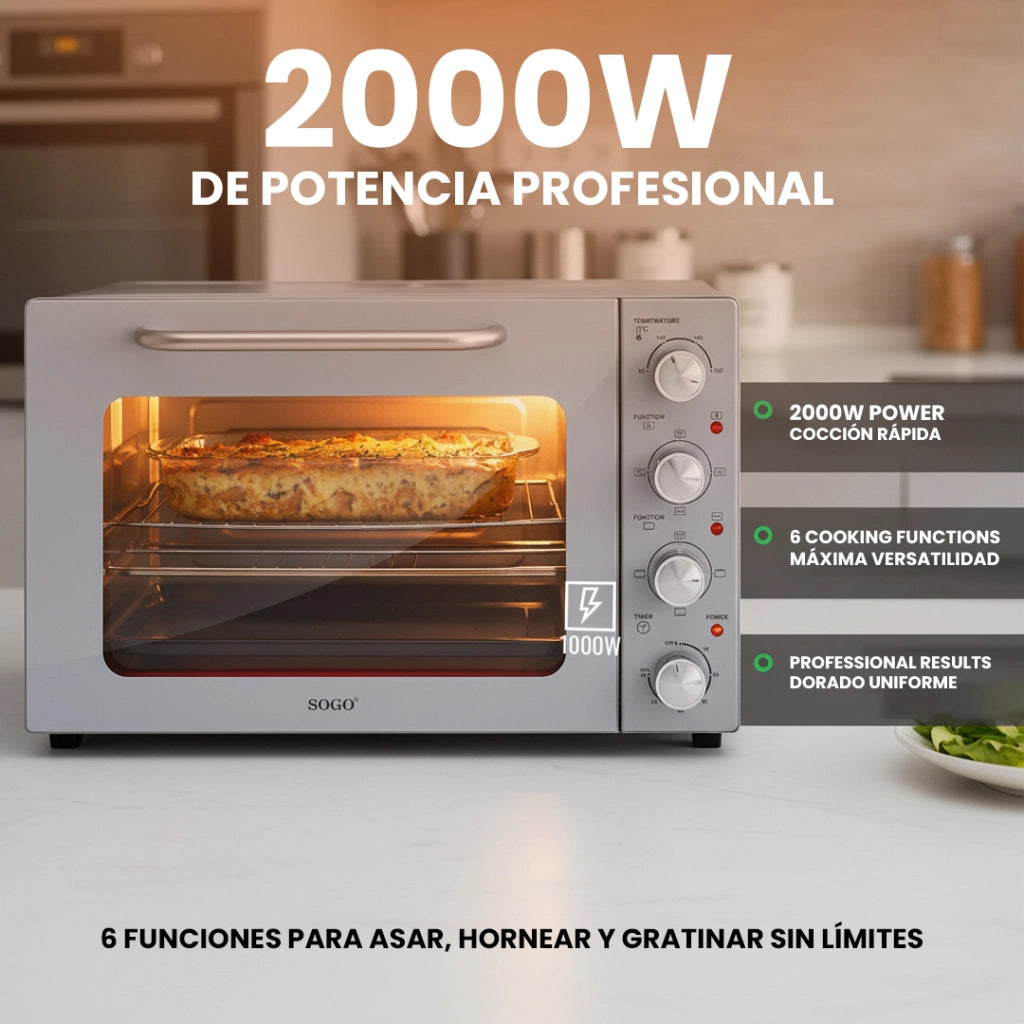 Forno elettrico ventilato 58L con girarrosto, 6 funzioni cottura, termostato 90-230°C, 2000W cucina - SOGO