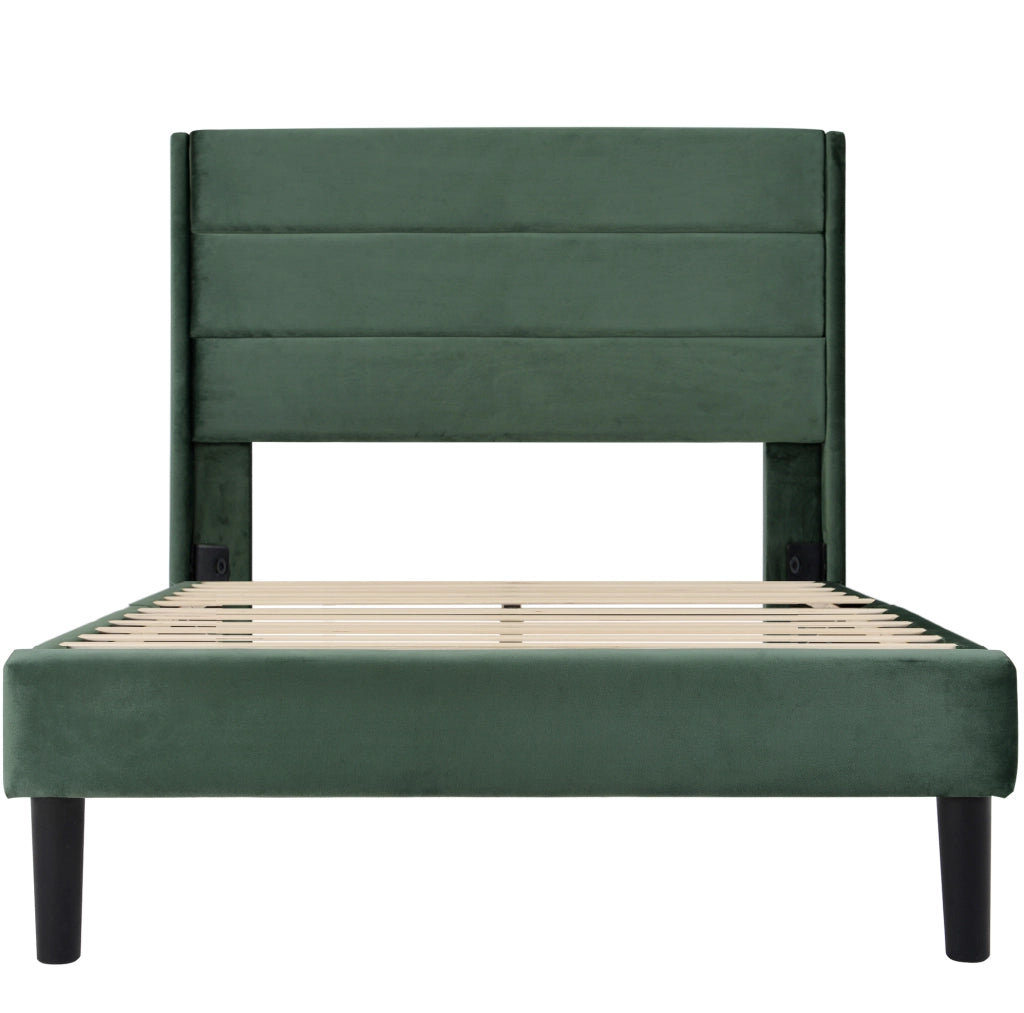 Letto imbottito 90x200 cm in velluto verde con rete a doghe e materasso H3