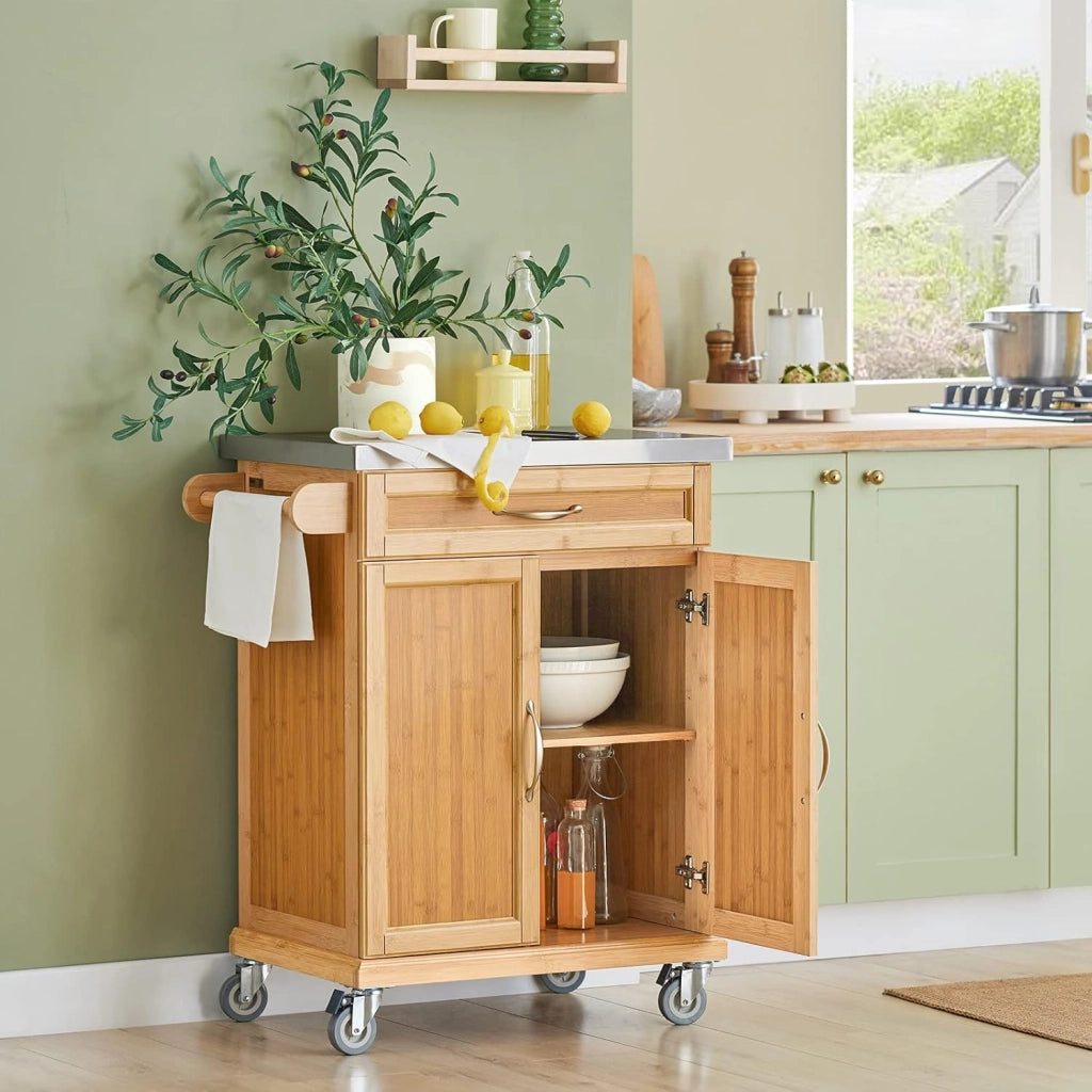 Carrello cucina con ruote, piano in acciaio inox, mobile cucina salvaspazio in bambù, isola cucina moderna – Ideale per cucina, sala da pranzo o ristorazione – 66x92x46 cm, FKW13-N