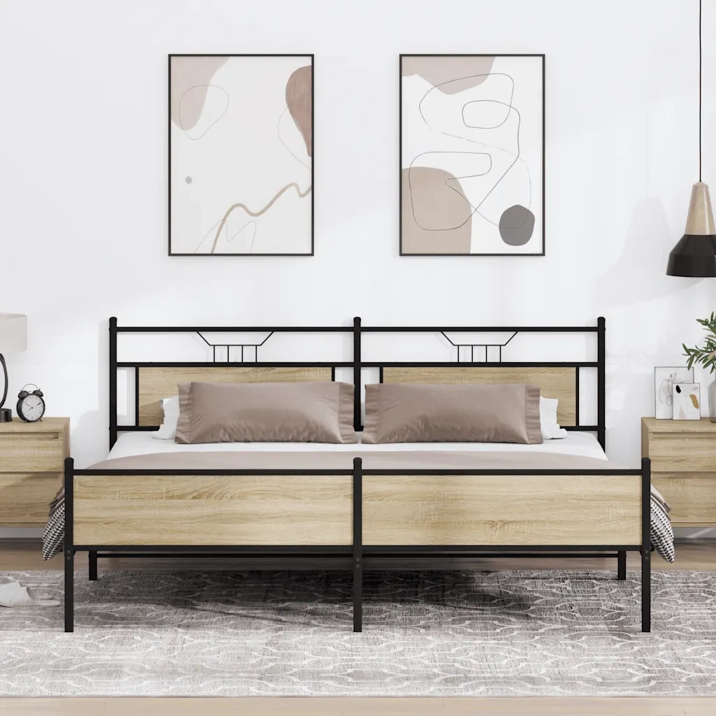 Letto matrimoniale | Letto per adulti | Giroletto senza Materaso in Metallo Rovere Sonoma 193x201 cm