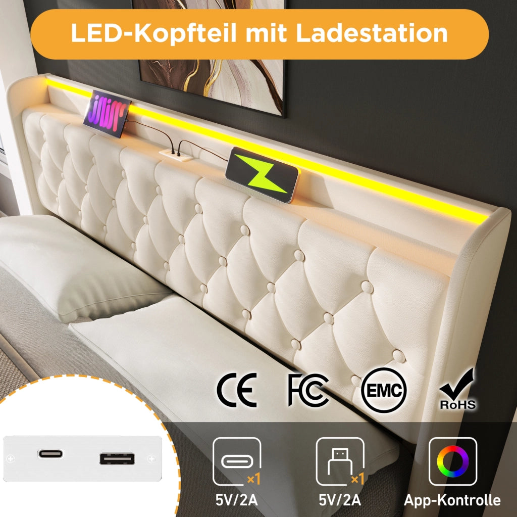 LETTO contenitore 140x200 cm PU bianco con LED, USB e Tipo-C
