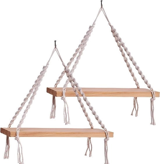 Set di pannelli per piante in legno, macramé a mano, senza foratura - Stile boho per balcone, bagno e soggiorno