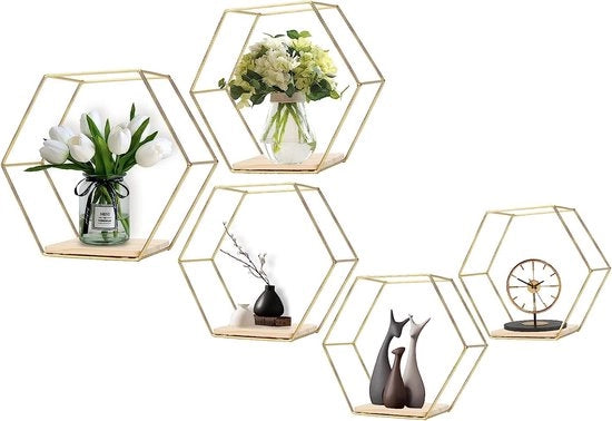 Set di 5 pannelli a sei angoli, pannelli appesi, pannelli galleggianti in metallo e legno, supporto per pannelli per cucina, bagno, camera da letto, decorazione per parete