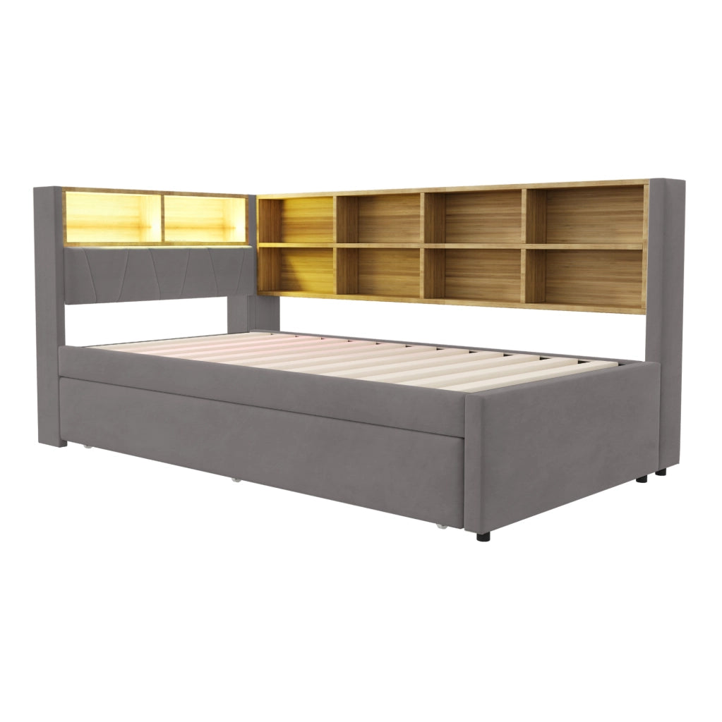 Divano letto singolo con letto estraibile, LED e vani contenitivi