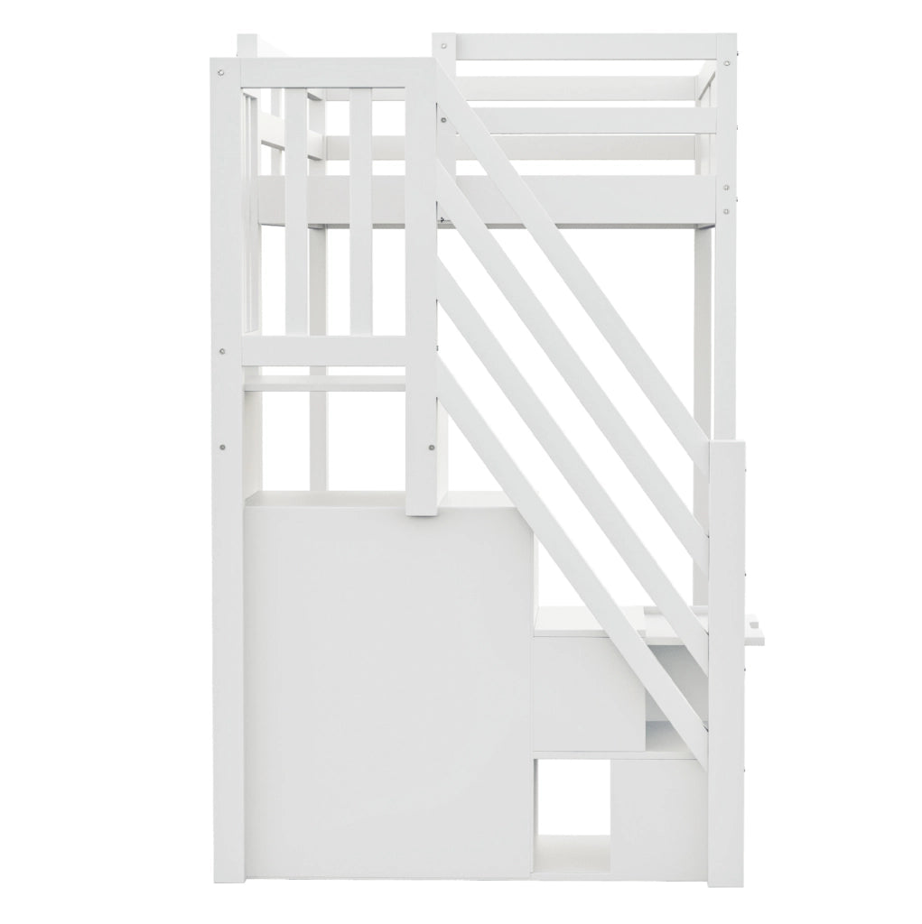 Letto a soppalco 90x200 cm in legno bianco con scala reversibile e vano portaoggetti