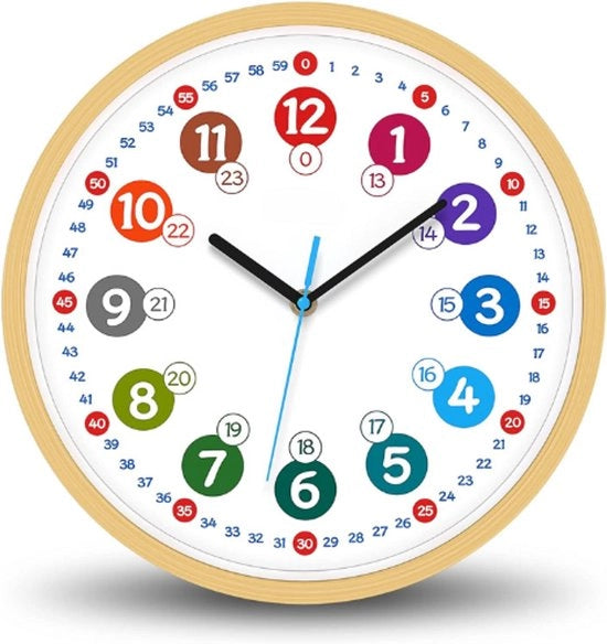 Orologio da Parete per Bambini in Legno 30-5 cm con Piastra di Indicazione in Pelle e Cornice in Legno Silenziosa per Camera da Bambini senza Suoni di Tacco per Ragazzi e Ragazze