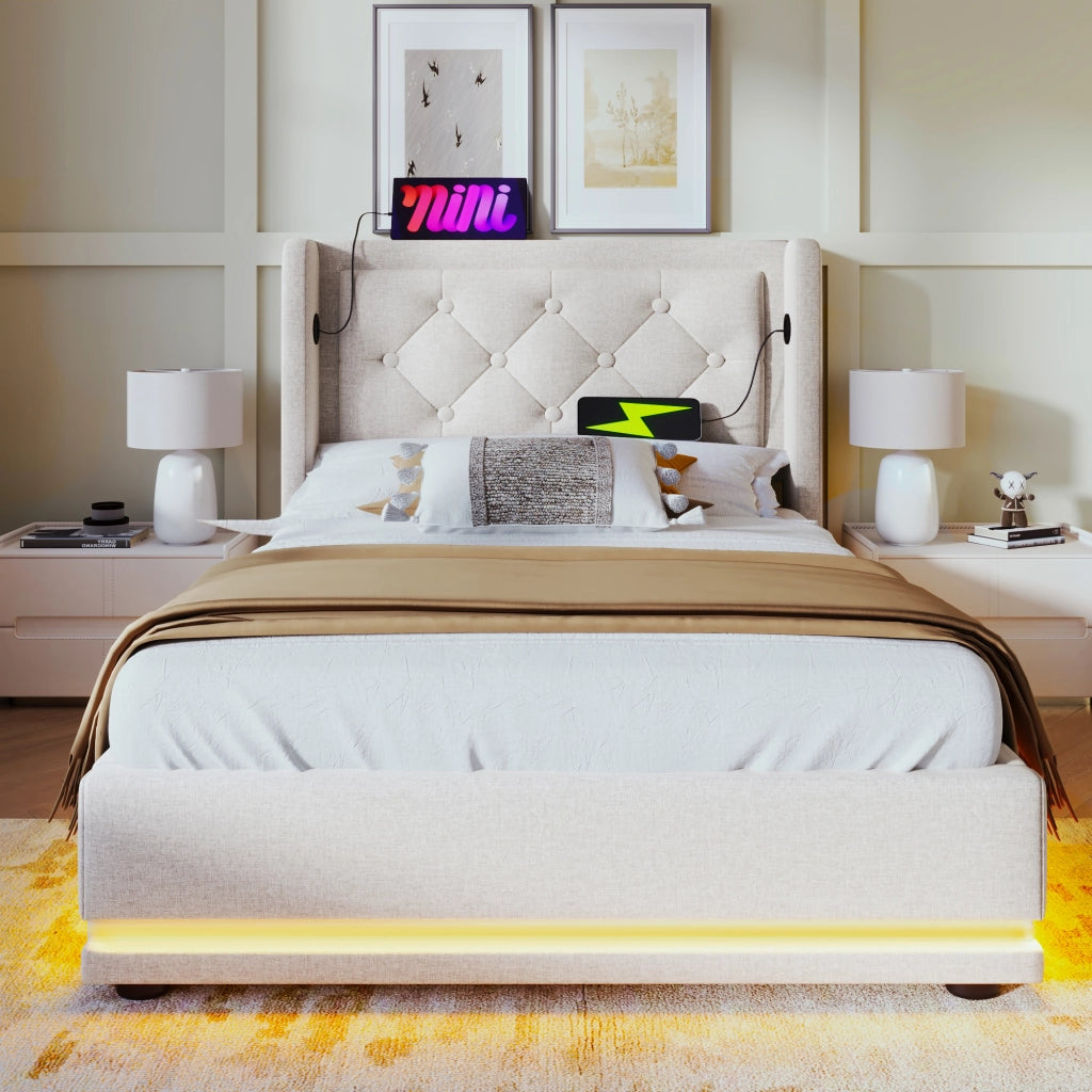 DESMIU Letto contenitore 90 × 200 cm 1 piazza con USB, Type-C, LED su 3 lati e vano contenitore, senza materasso, in cotone, beige