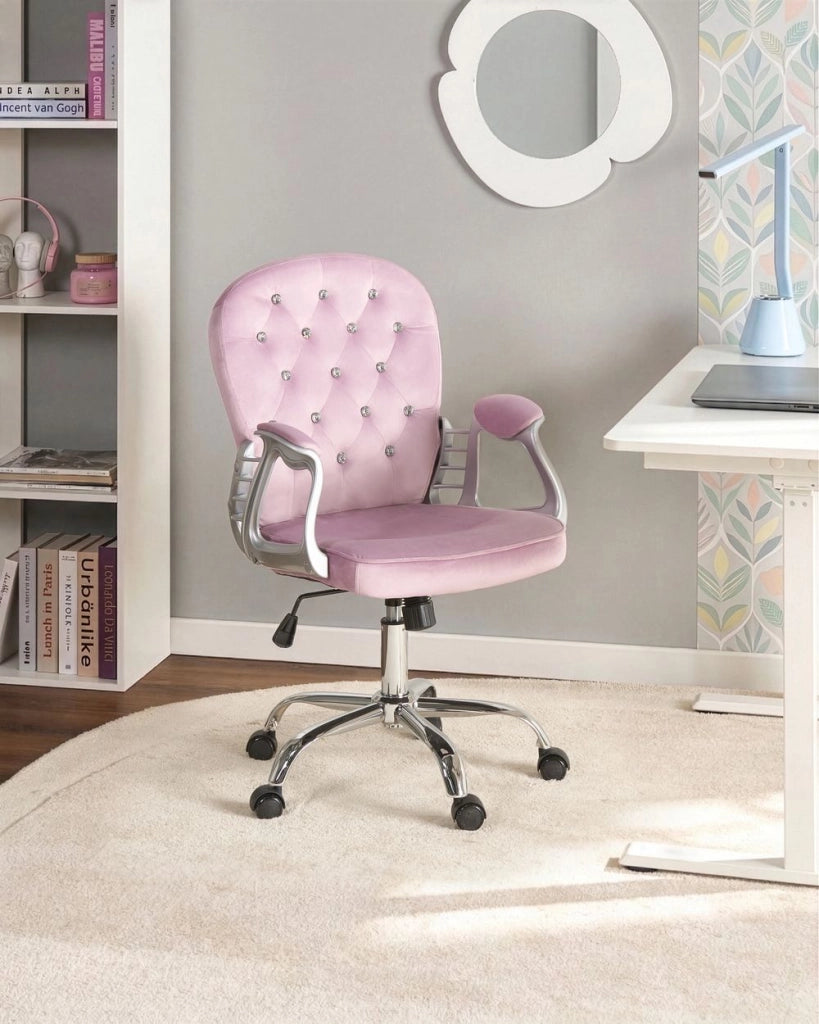 Sedia da ufficio in velluto violetto con altezza regolabile e schienale trapuntato stile retrò moderno