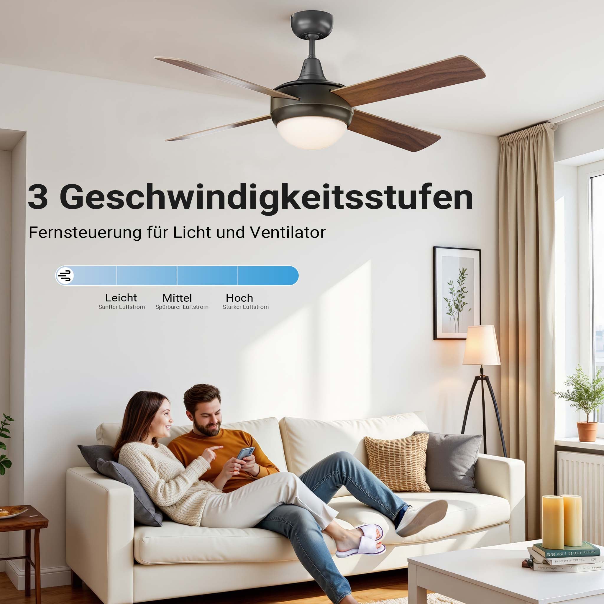 Ventilatore da soffitto Ø 122 cm con 4 pale, lampadario ventilatore con 3 velocità, telecomando, timer, modalità estiva e invernale, 53 W